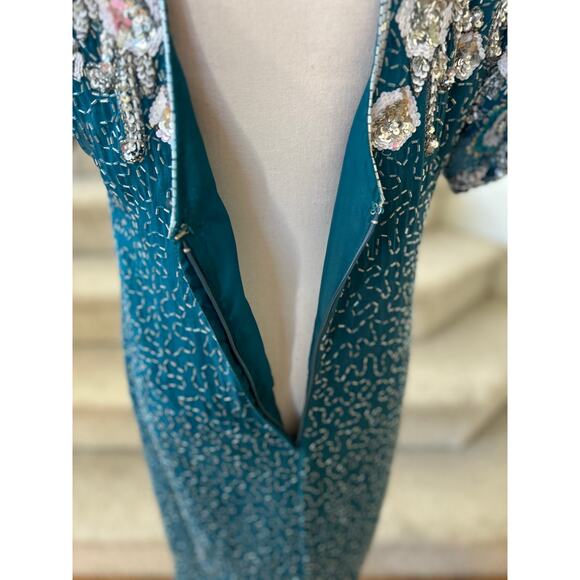 Vintage Teal Blue & Silver Beaded Floral Silk Sheath Dress - Picture 6 of 8